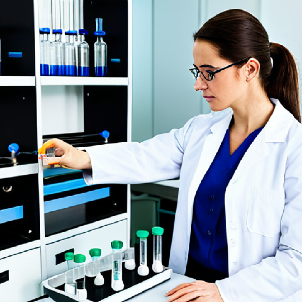 A professional adult female Water Quality Environmental Monitoring Engineer, fully clothed in a clean lab coat and professional dress, meticulously conducting water sample analysis in a brightly lit, state-of-the-art laboratory. She is focused on a complex analytical instrument, with various beakers and test tubes neatly arranged on the workbench. The background shows modern lab equipment and a clean, organized environment. perfect anatomy, correct proportions, natural pose, well-formed hands, proper finger count, natural body proportions, professional photography, high quality, sharp focus, vibrant colors, safe for work, appropriate content, fully clothed, modest clothing, professional.