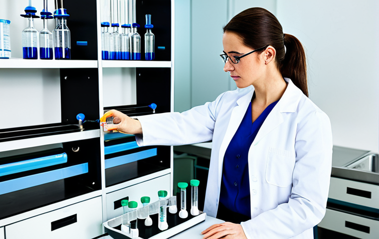 A professional adult female Water Quality Environmental Monitoring Engineer, fully clothed in a clean lab coat and professional dress, meticulously conducting water sample analysis in a brightly lit, state-of-the-art laboratory. She is focused on a complex analytical instrument, with various beakers and test tubes neatly arranged on the workbench. The background shows modern lab equipment and a clean, organized environment. perfect anatomy, correct proportions, natural pose, well-formed hands, proper finger count, natural body proportions, professional photography, high quality, sharp focus, vibrant colors, safe for work, appropriate content, fully clothed, modest clothing, professional.
