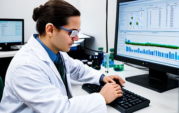 A focused professional environmental scientist, wearing a modest lab coat and safety glasses, meticulously examining data on a large monitor in a state-of-the-art water quality laboratory. Advanced scientific instruments like a mass spectrometer and liquid chromatograph are visible in the background, hinting at cutting-edge research. The lab is brightly lit, clean, and organized, showcasing precision and technological innovation. The scientist is fully clothed, appropriate attire, safe for work, professional, perfect anatomy, correct proportions, natural pose, well-formed hands, proper finger count, natural body proportions, high-resolution, sharp focus, professional photography, appropriate content.