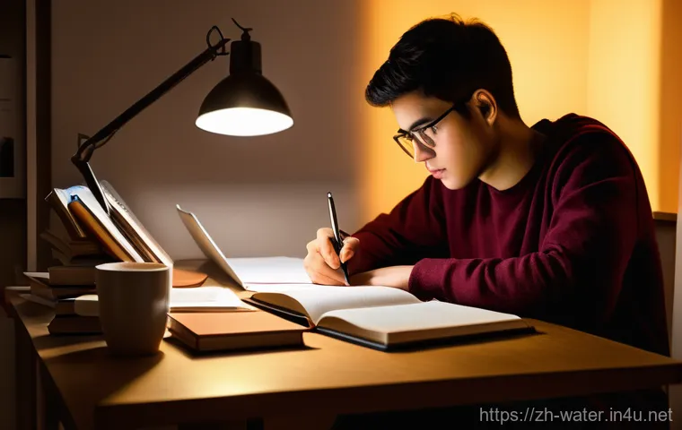 수질환경직 공무원 시험 준비 - Image Prompt 1: The Dedicated Student's Study Session** 수질환경직 공무원 시험 준비 - Image Prompt 1: The Dedicated Student's Study Session**