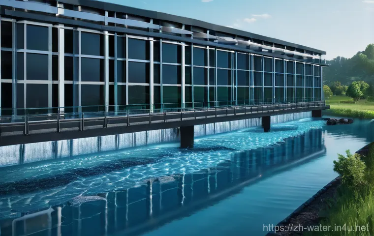 수질환경 자격증 활용 성공기 - A vibrant, wide-angle shot inside a cutting-edge, futuristic water treatment facility. The architect...