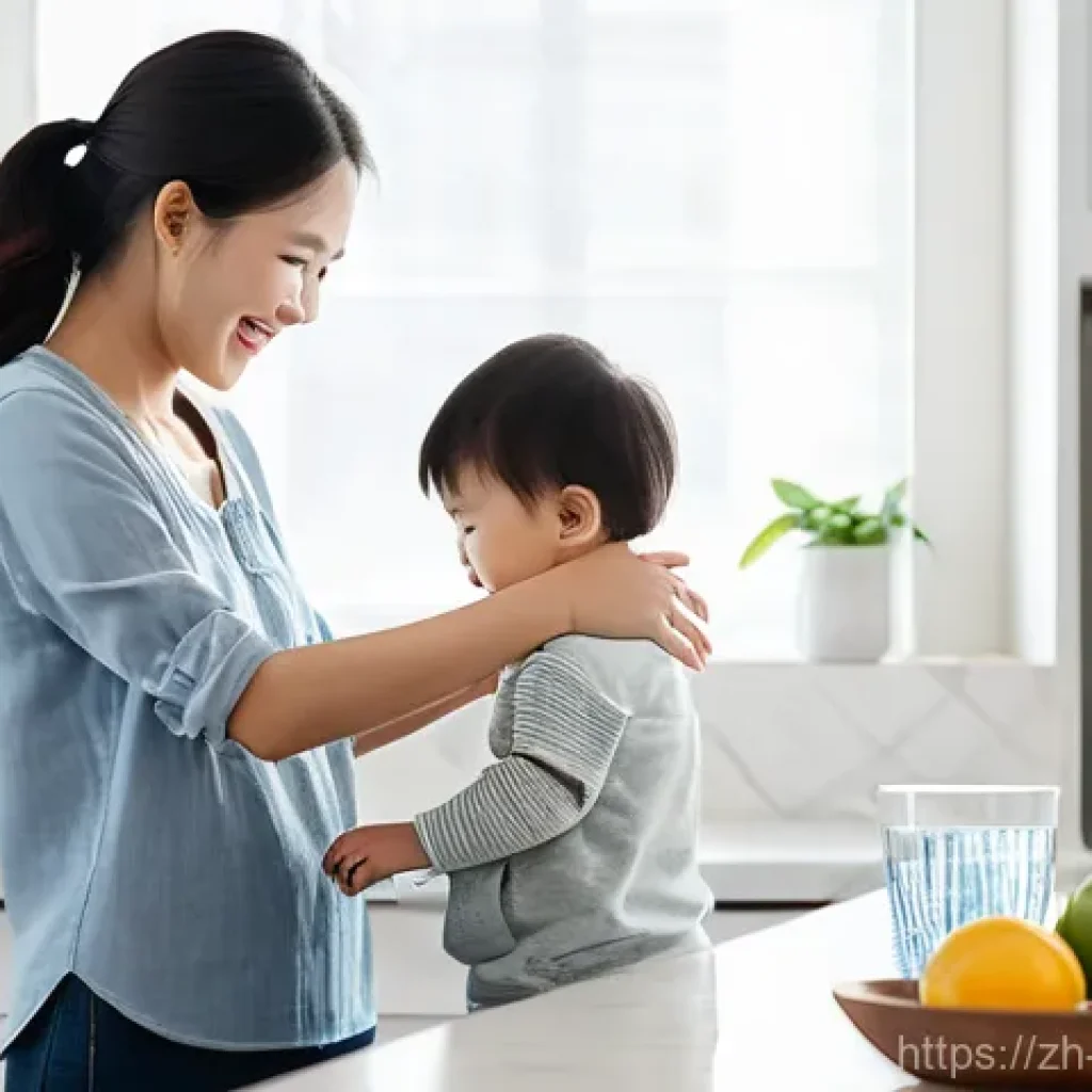 수질환경 관리와 배출수 규제 - **Prompt:** A cozy, modern Chinese kitchen bathed in soft, natural light. A young, smiling mother an...