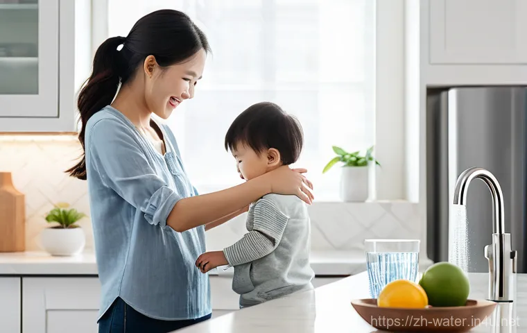 수질환경 관리와 배출수 규제 - **Prompt:** A cozy, modern Chinese kitchen bathed in soft, natural light. A young, smiling mother an...