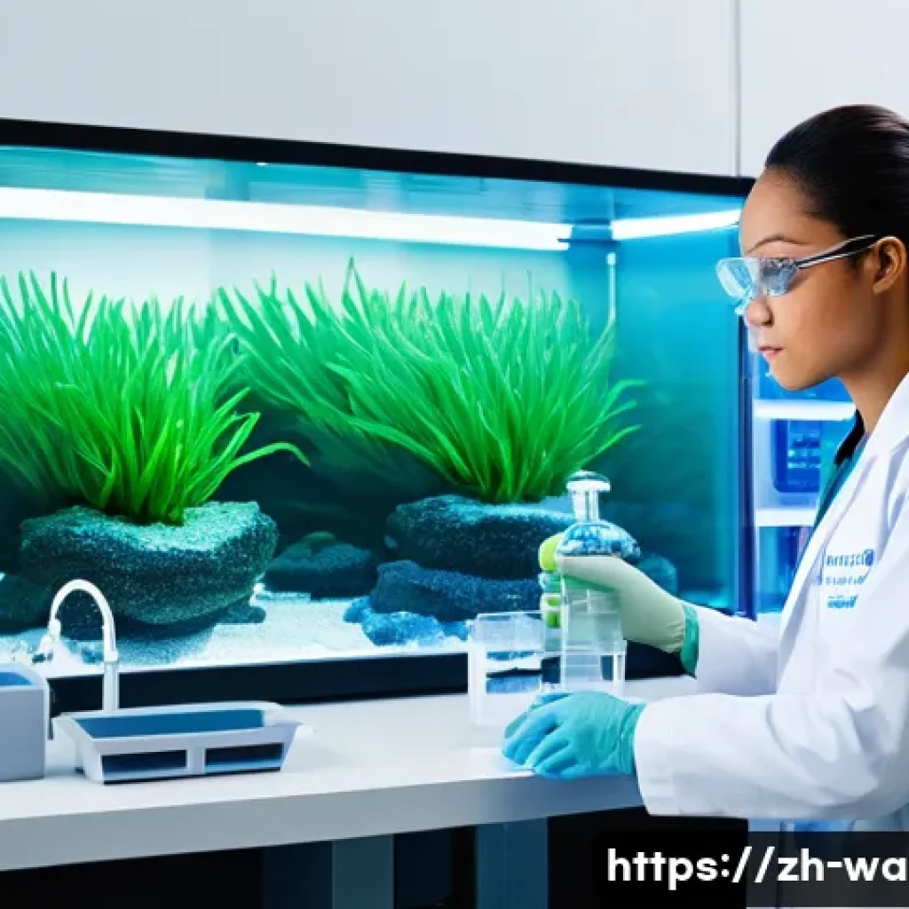 수질환경 실기시험 기기 사용법 - A sleek, futuristic water quality monitoring laboratory bathed in soft, natural light, featuring lar...