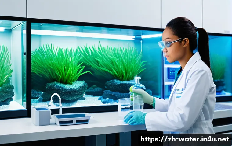수질환경 실기시험 기기 사용법 - A sleek, futuristic water quality monitoring laboratory bathed in soft, natural light, featuring lar...