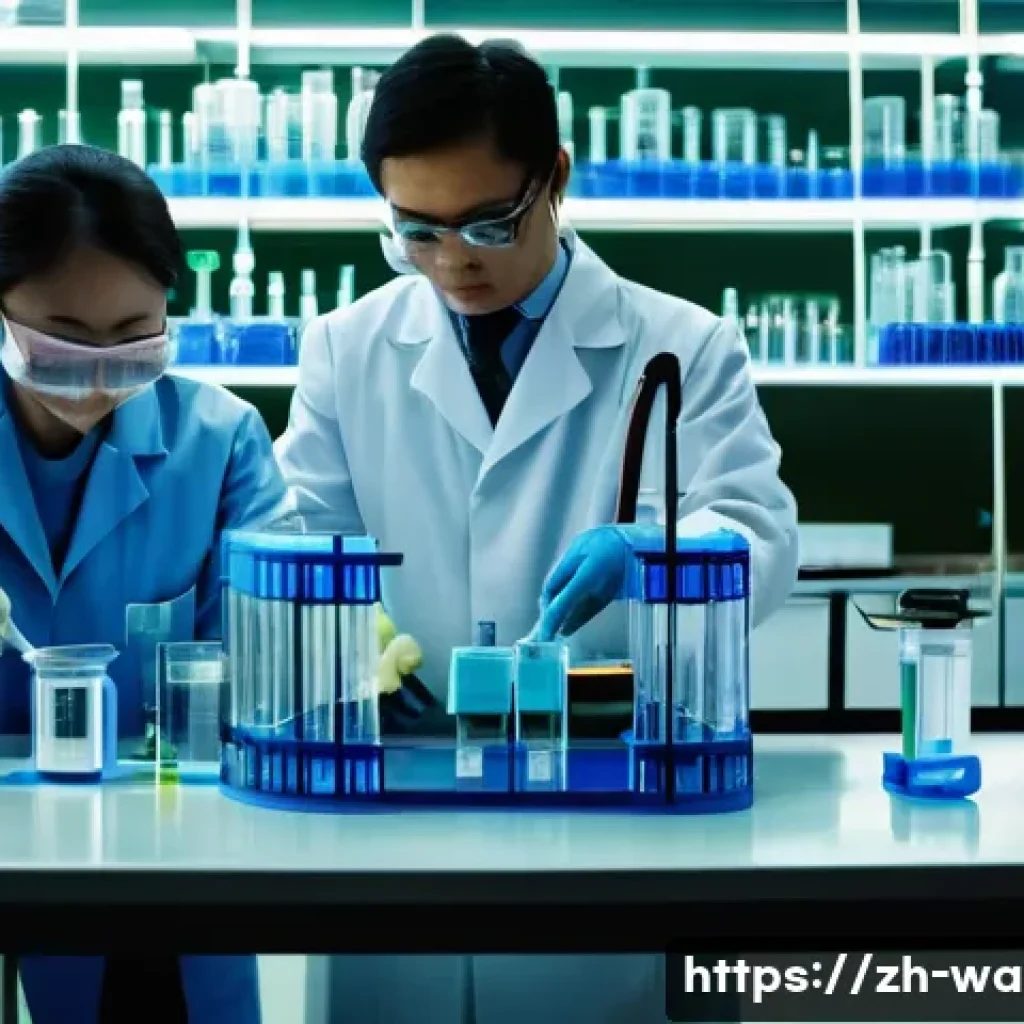 수질환경기사 필기 핵심 과목 - A high-tech modern water treatment laboratory setting, featuring scientists wearing lab coats and sa...