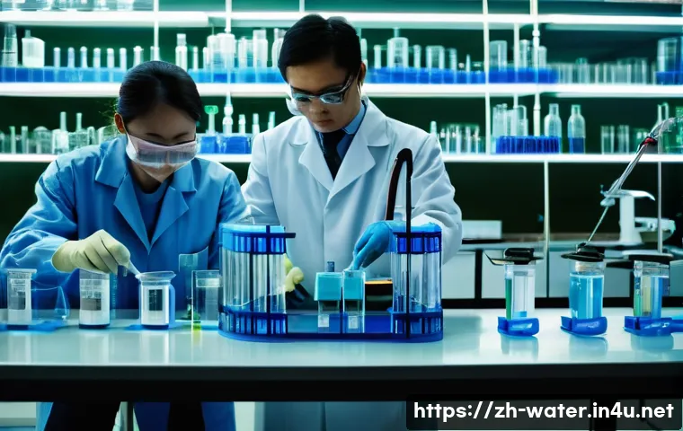 수질환경기사 필기 핵심 과목 - A high-tech modern water treatment laboratory setting, featuring scientists wearing lab coats and sa...