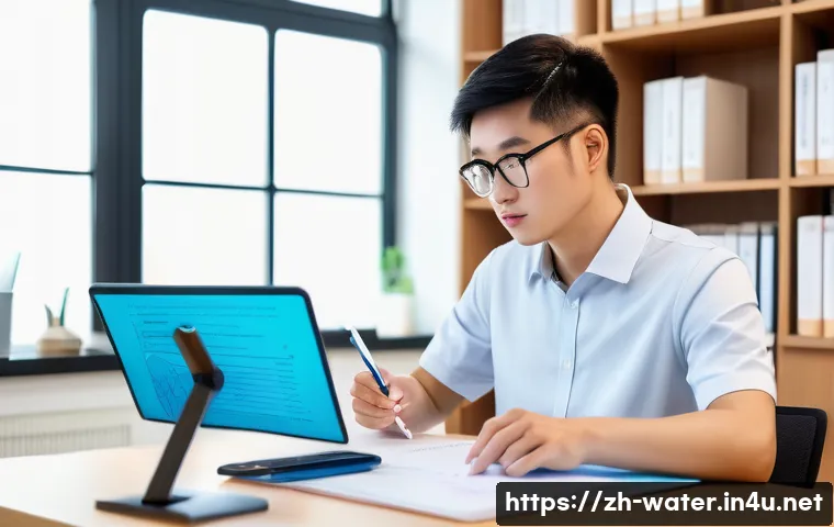 수질환경 기술사 준비 사례 - A focused young Chinese professional sitting at a modern desk in a bright, minimalist study room, su...