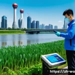 수질환경 관련 국내외 사례 분석 - A modern river monitoring scene featuring a network of sleek, high-tech intelligent sensors installe...