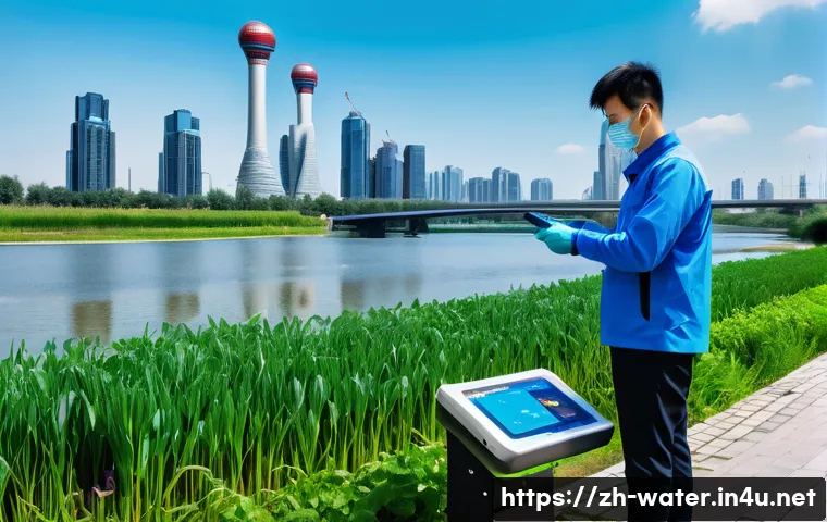 수질환경 관련 국내외 사례 분석 - A modern river monitoring scene featuring a network of sleek, high-tech intelligent sensors installe...