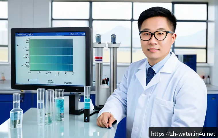 수질환경 기사 필기시험 예상 문제 - A modern environmental engineer in a high-tech water quality laboratory, surrounded by advanced wate...