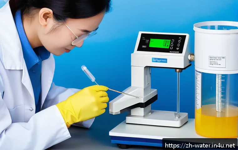 수질환경 실험 장비 사용 실습 - A modern laboratory scene showing a technician carefully calibrating a pH meter with detailed focus ...