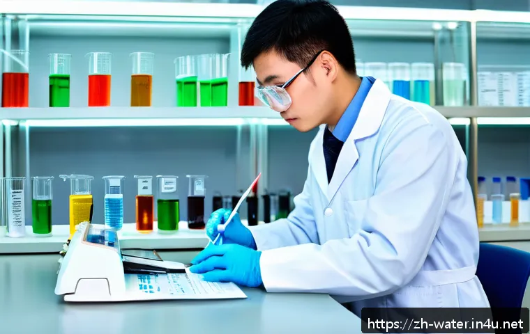 수질환경 시험 공부 플래너 - A detailed laboratory scene showcasing a scientist wearing safety glasses and a lab coat, carefully ...