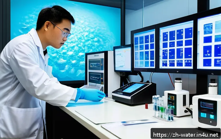수질환경과 대학원 진학 사례 - A high-tech water quality monitoring laboratory scene, featuring advanced spectrometry and chromatog...